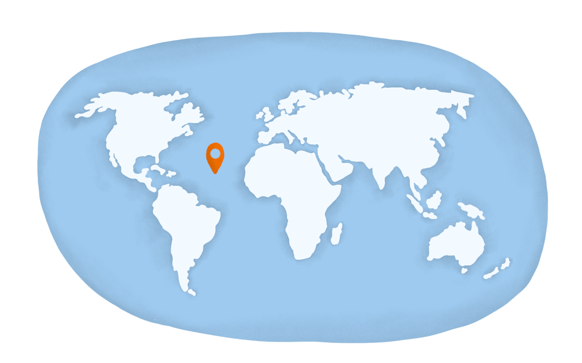 Eine Weltkart mit einer Markierung zwischen Amerika und Afrika.