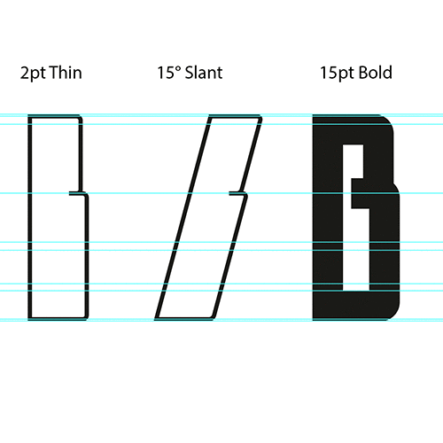 Illustrator screenshot with a thin, a slanted and a bold letter